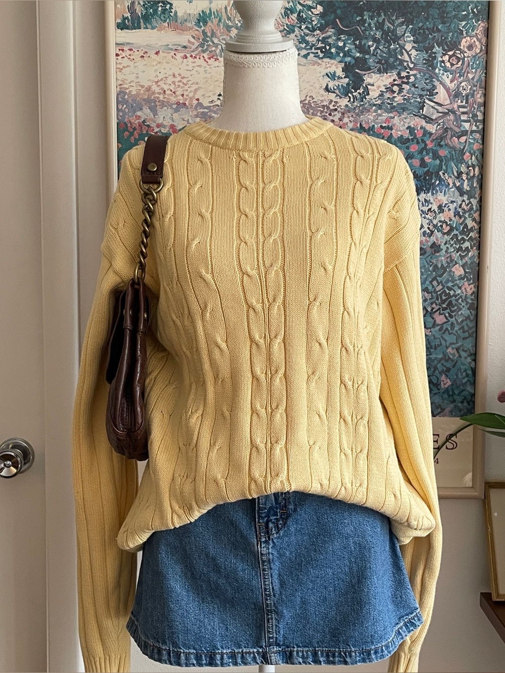 Oscar de la Renta Sweater Unisex Large Yellow Cable Knit Cotton Preppy Old Money